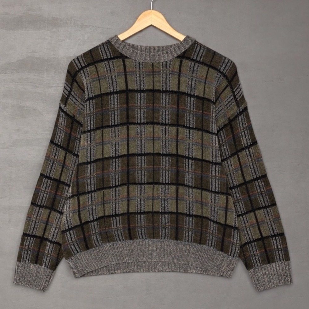 Vintage Dockers Plaid Crewneck Sweater Large Green Brown Gray Retro Pullover